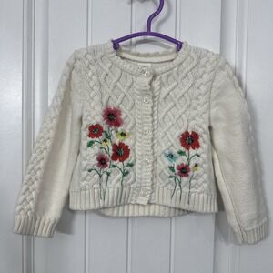 Baby Gap 18-24 Months Cable Knit Floral Embroidery Cardigan Ivory Frost Cotton